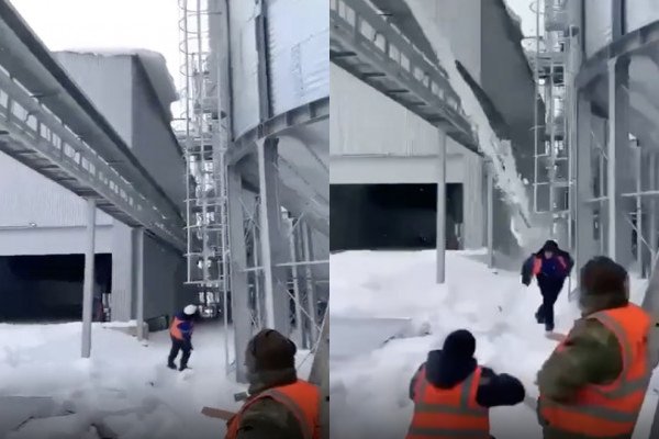 Un ouvrier fait une grosse bêtise en lançant une boule de neige