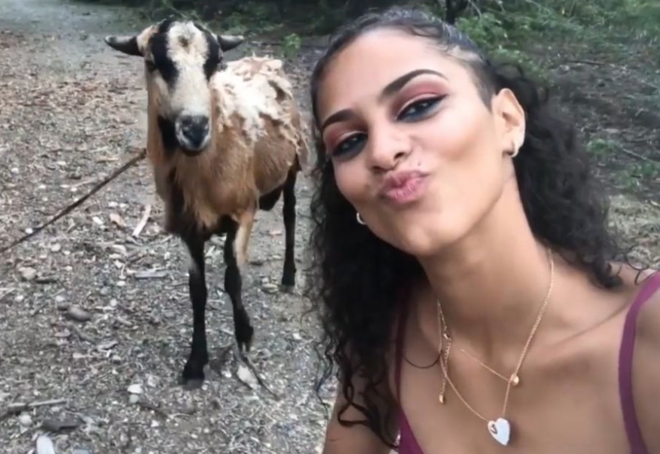 Une fille fait un selfie avec une chèvre