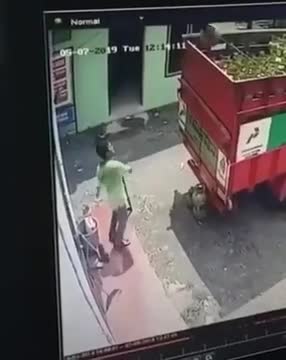 Régis jette un truc sur un camion 