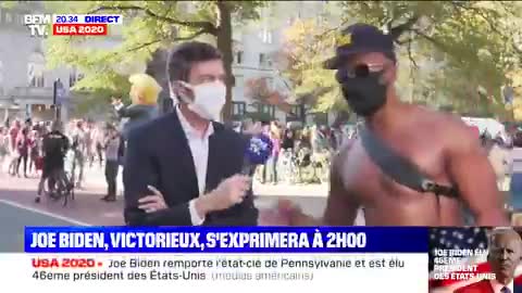 Maxime Switek (BFMTV) se fait interrompre par un américain légèrement éméché