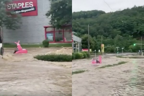 Un allemand profite des inondations pour sortir son poney