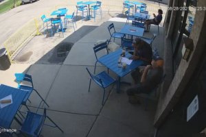 Un chien a un coup de panique dans la terrasse d'un restaurant