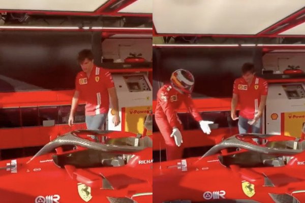 Carlos Sainz essaye de monter dans une Formule 1