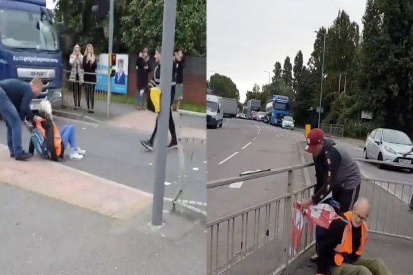 Un automobiliste attache un manifestant à une barrière (Angleterre)