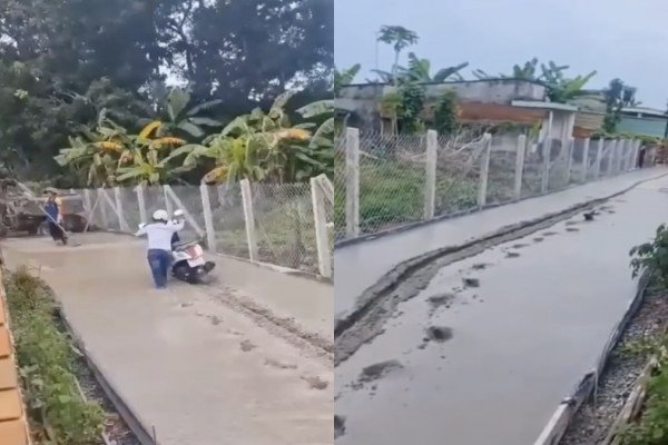 Un homme massacre une allée fraichement bétonnée