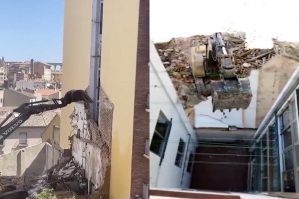 Une pelleteuse fait une grosse bêtise lors d'une démolition (Espagne)