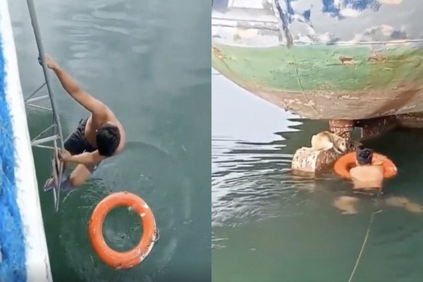 Il sauve un chien coincé sous un bateau