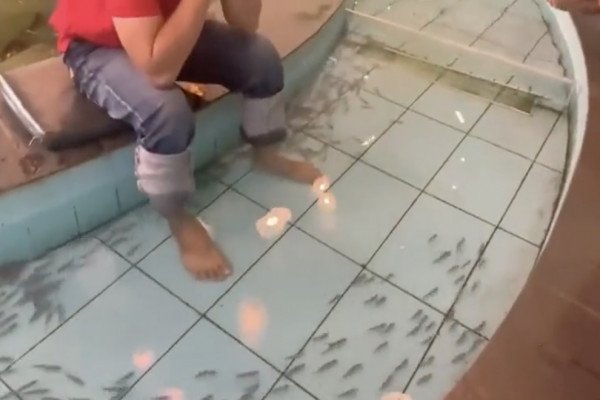 Un homme a un petit soucis dans un fish pedicure