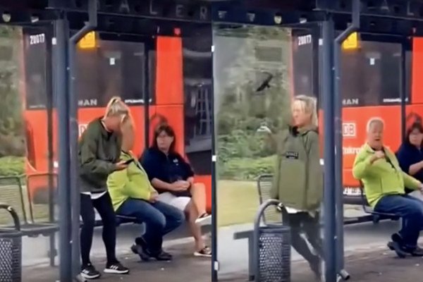 Trop concentrée sur son téléphone , une fille a un petit soucis à un arrêt de bus
