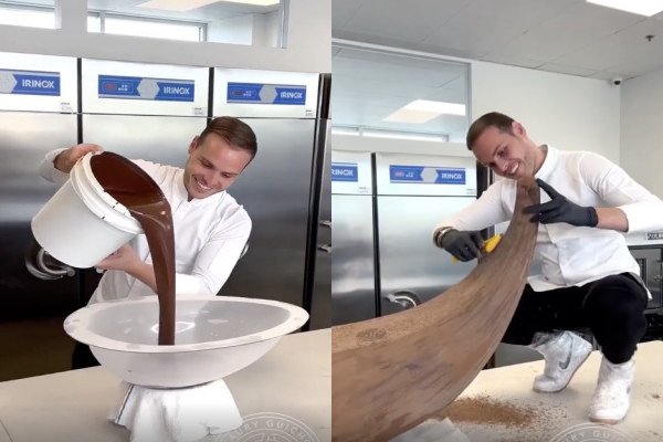 Le chef pâtissier Amaury Guichon fait un requin en chocolat