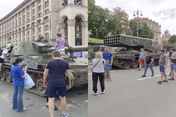 Pour célébrer le 31ème anniversaire de leur indépendance, les ukrainiens paradent avec des véhicules militaires russes (Khreschatyk, Kiev)