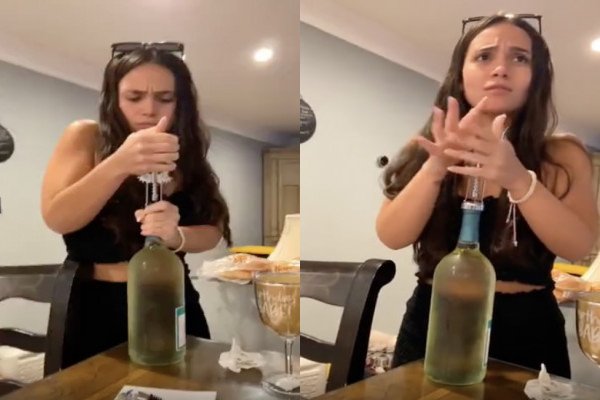 La soeur de Régis veut ouvrir une bouteille de vin