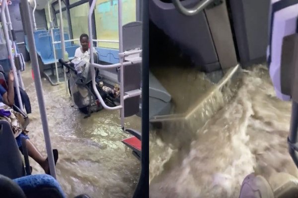 Un bus traverse une route inondée (Paris)