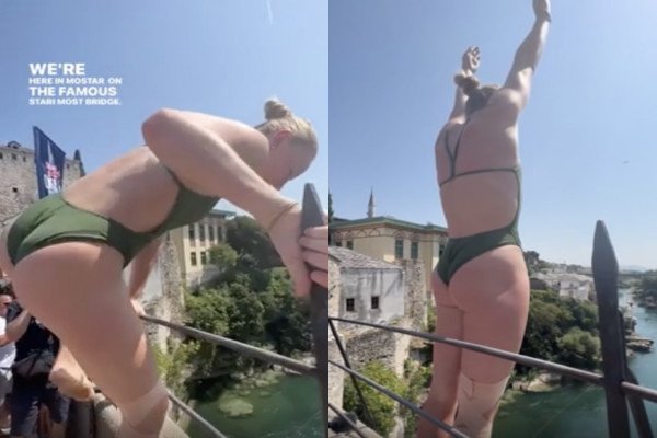 Une femme effectue un plongeon parfait depuis un pont