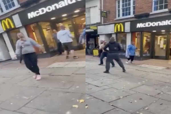 Un vieil homme distribue des pains devant un McDonald's (Londres)