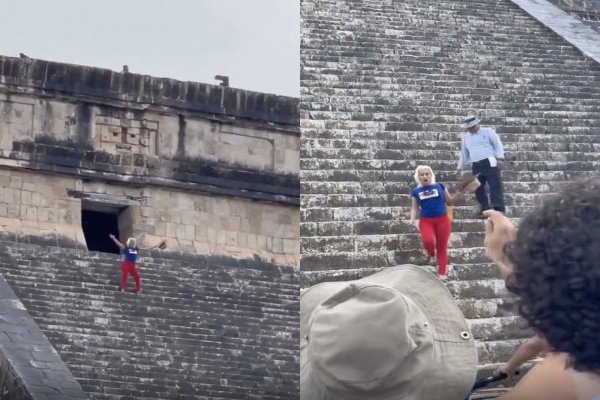 Une touriste espagnole grimpe sur une pyramide Maya (Mexique)