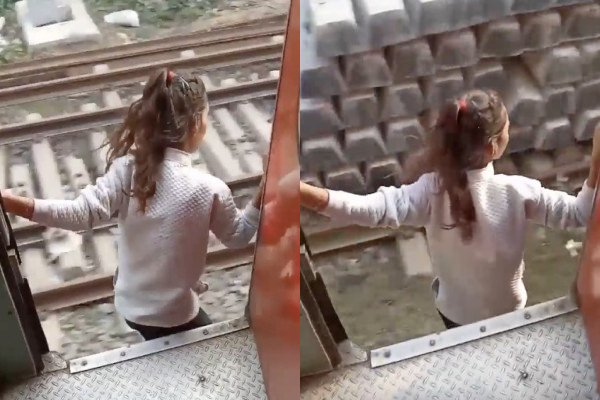 Une fille saute d'un train en marche