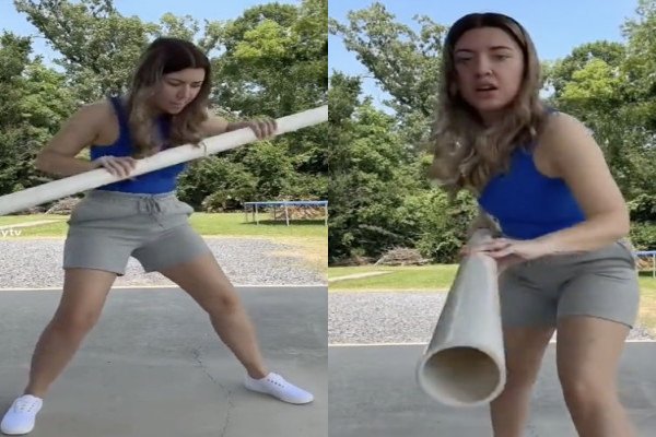 Une fille avec un tuyau donne un cours de self défense